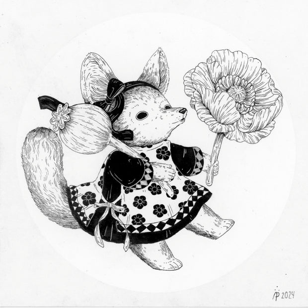 Black ink illustration on white paper of a fluffy fox wearing a dress with floral patterns and holding a large poppy in one hand and a yet to bloom bud in the other.