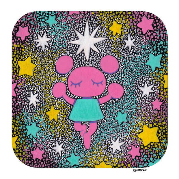 Illustration of a pink character with a rounded head and rounded hands, splayed out on their back in a relaxed manner with closed eyes. Background consists of many dots and yellow, white, pink and blue stars.