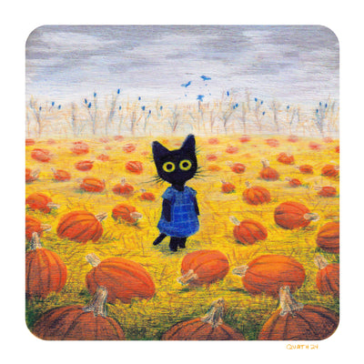 Illustration of a black cartoon cat wearing a blue gingham dress standing in a vast pumpkin field with barren trees behind. Blue birds fly up out of the trees.