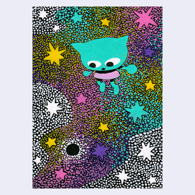 Colorful painting of a floating cartoon turquoise cat with a large head. It looks below itself at the polkadot landscape with stars.