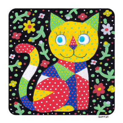 Illustration of a cartoon style cat in a patchwork style, comprised of various colors and polka dots. Background is a floral pattern.