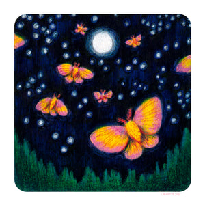 Illustration of an outdoor night scene, with several orange and pink colored moths flying in the sky towards a glowing full moon.