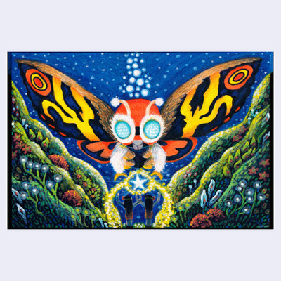 Illustration of Mothra, an orange moth with black, yellow and brown wings. It flies over 2 small people and casts an archway of yellow glowing light. Foliage surrounds the people, against a dark blue sky.