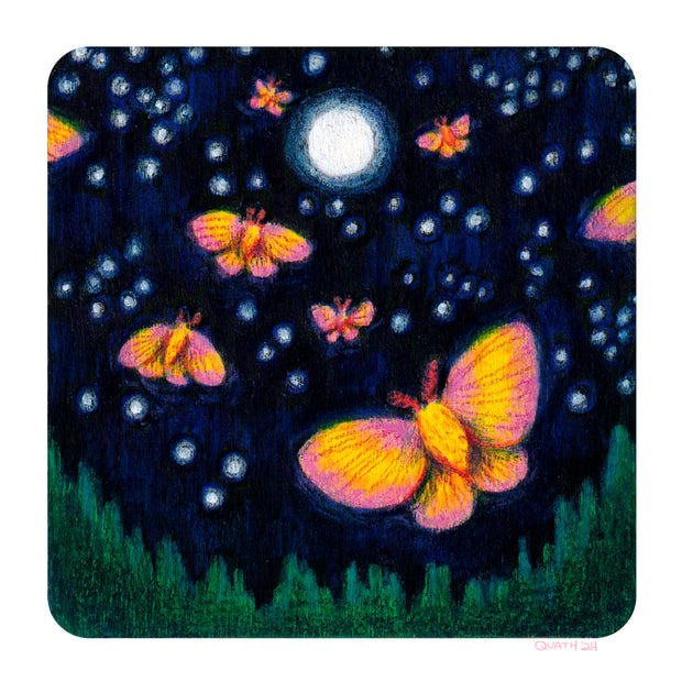 Illustration of an outdoor night scene, with several orange and pink colored moths flying in the sky towards a glowing full moon.