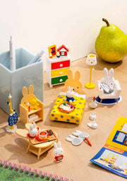 Blind box series of miniature room items themed around Miffy.  Display photos show all options placed together in a miniature display set up.