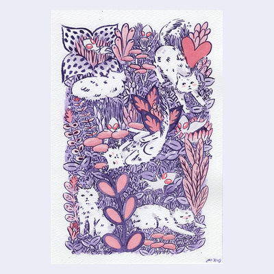 Drawing in pink and purple of 5 white cats, lounging in foliage with small alien creatures around them.