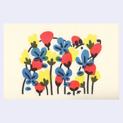 Risograph print of several wildflowers: yellow, blue and red. The silhouette of a rat can be seen behind them.