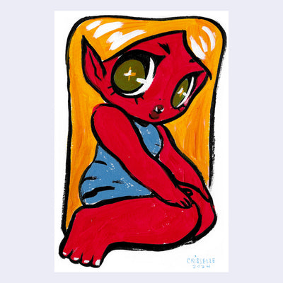 Simplistic cartoon style painting of a red demon girl with long blonde hair sitting on her knees. She wears a small blue dress and has sparkly green eyes.