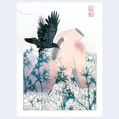 Illustration of a woman's body, the head cut clean off, facing away. A large hole is in the center of the back. A black bird holding a red string flies through it. White flowers and jagged leaves fill up the bottom section of the piece.