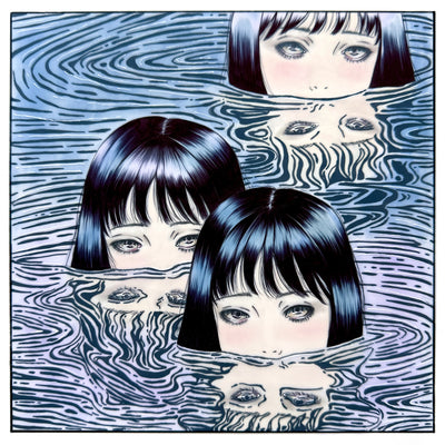 Illustration of 3 woman's faces, all with straight black hair and bangs. They are half submerged in water, obscuring their mouths/lower face. The water has black line ripples, reflecting each of their faces.