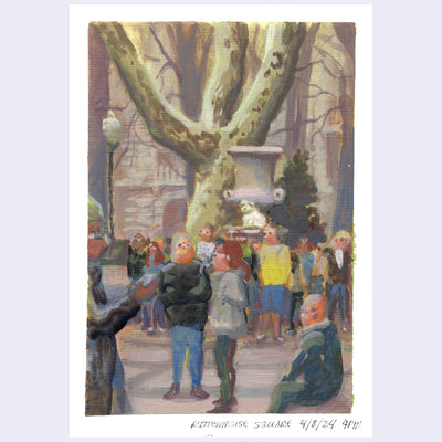 Plein air painting of a group of people at a park square, they all wear eclipse glasses and look up towards the sky.