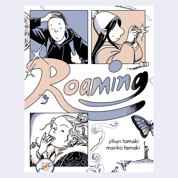 Graphic novel cover for Roaming, with 3 panels of different portraits. The title is written stylistically in the middle.