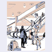 Page excerpt from graphic novel, featuring an illustration of an airport escalator with many people.