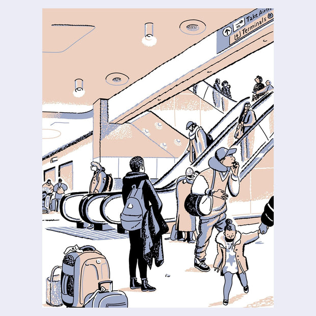 Page excerpt from graphic novel, featuring an illustration of an airport escalator with many people.