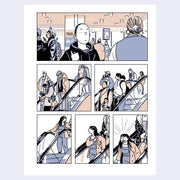 Page excerpt from graphic novel, featuring several panels of a pair of friends meeting at an airport.