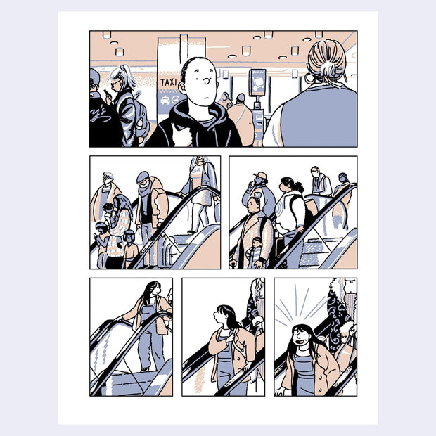 Page excerpt from graphic novel, featuring several panels of a pair of friends meeting at an airport.