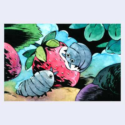 Illustrative painting of 2 blue pill bugs eating a strawberry in the forest.