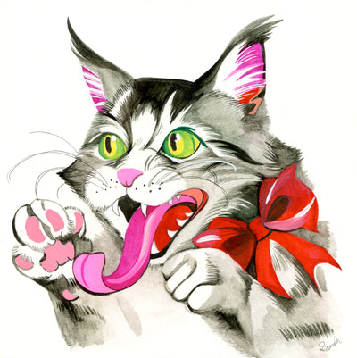 Watercolor illustration of a gray and white fluffy cat, seen from the chest up. It has bright green eyes and a very long tongue with curls out of its open mouth. It has a red bow.