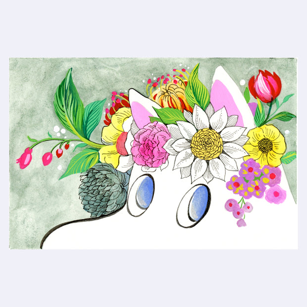 Ink and watercolor illustration of Moomin, seen only from the nose up, with a lush flower crown around his head.