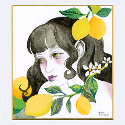 Illustration of a woman's upper body and head looking off to the side with sunken yellow eyes and long dark ashy brown hair. She is framed by lemons attached to their branches with leaves and white flowers. 