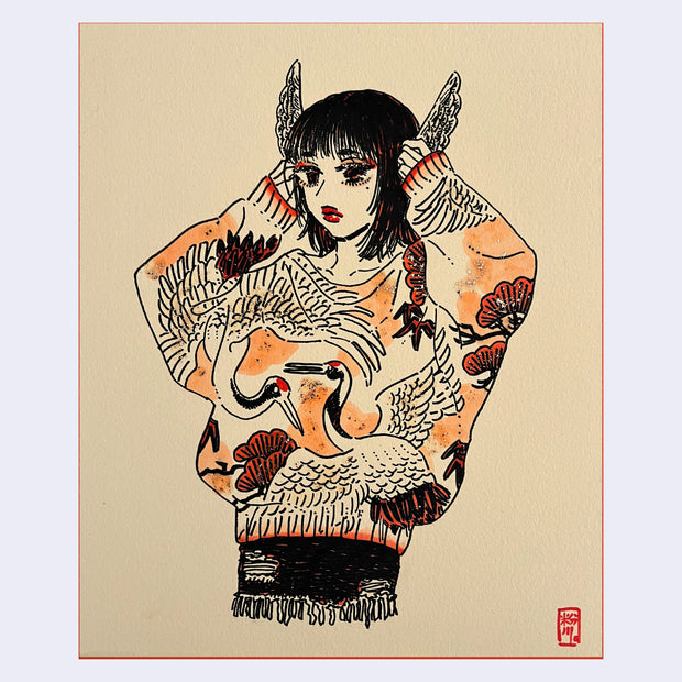 Illustration on tan toned paper of a girl wearing a baggy sweater with cranes and botanical design on it. She holds up a pair of small wings up to the side of her head.