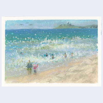 Plein air painting of a beach with bright blue waters and lots of splashes and sparkling reflections. Several people play in the water close to the shore.