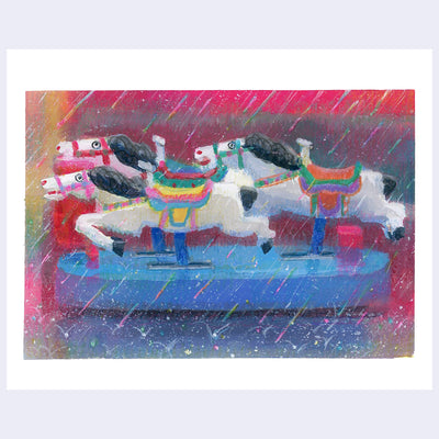 Plein air painting of a coin operated ride for children with 3 white horses with multicolor barding. Rain falls reflecting many different colors.