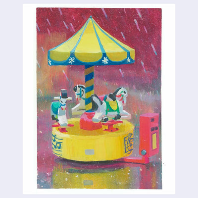 Plein air painting of a coin operated machine with 3 small horses on a carousel. Rain falls.