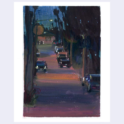 Plein air night time painting of a street with several cars parked. Trees like the sidewalk and street lights cast orange and purple lighting onto the street.