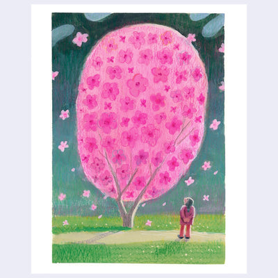 Plein air painting of a stylized oval tree, all pink with flowers flying from it. An old lady stands and looks up at it with her hands behind her back.