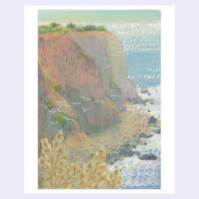 Plein air painting of a very tall sea side cliff, with green bushes and brown plants growing off to the side and atop of it. The ocean can be seen in the background.