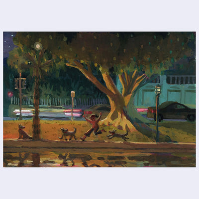 Plein air night time painting of a woman and her three dogs, running around a path. A large tree separates them from the street which has several parked and passing cars.