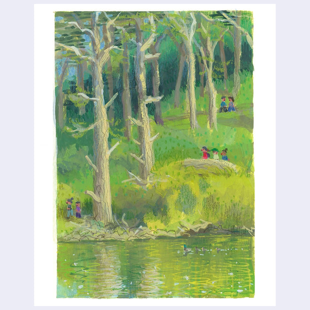 Plein air painting of an expansive green area with trees and a lake nearby, where ducks float and the green color is reflected into the water.