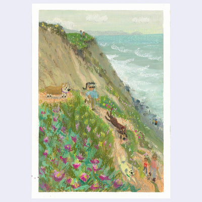 Plein air painting of a sea side bluff with a thin path on it where someone walks their dogs. Blooming ice plant cover the ground and the ocean can be seen in the background.