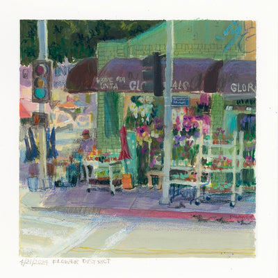 Plein air painting of a corner flower market, with many plants and flowers on carts on the sidewalk. 