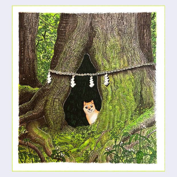 Marker and ink illustration of a large mossy tree trunk with a hollowed out opening, in which an orange fox peeks out of. Hanging around the tree is a rope with 4 white tokens hanging off of it.