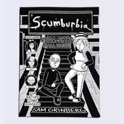 Front cover for Scumburbia comic, featuring a black and white illustration of 2 teenagers atop of a mall escalator. 