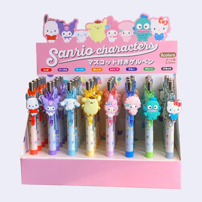 Display case featuring 8 different pens with Sanrio characters on the pen clip. Each has a different ink color.