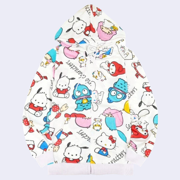 White jacket with a busy repeating pattern that goes all around the jacket, of various Sanrio characters: Pochacco, Little Twin Star, Hangyodon, Hello Kitty, Cinnamoroll, My Melody, etc.