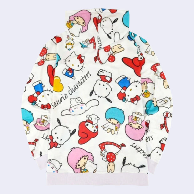 White jacket with a busy repeating pattern that goes all around the jacket, of various Sanrio characters: Pochacco, Little Twin Star, Hangyodon, Hello Kitty, Cinnamoroll, My Melody, etc.