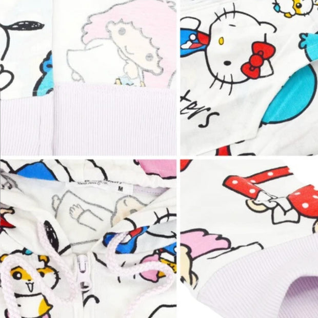 White jacket with a busy repeating pattern that goes all around the jacket, of various Sanrio characters: Pochacco, Little Twin Star, Hangyodon, Hello Kitty, Cinnamoroll, My Melody, etc. Close up to show details.