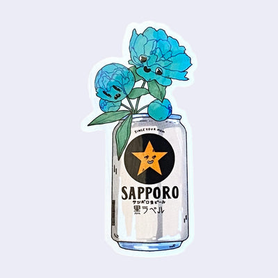 Die cut sticker of a can of Saporro with 2 blue flowers coming out the top like a vase. The flowers have cartoon faces.