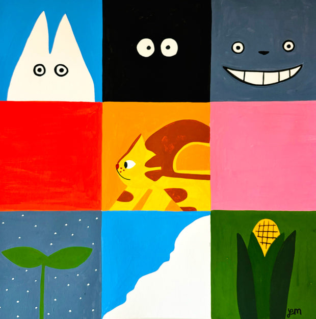 Painting divided into 9 even sized squares, like a grid. In order from top right onwards:  a white ghost creature on blue background, cartoon eyes in black background, Totoro's face, red square, Catbus, pink square, plant sprout, cloudy sky, and stalk of corn.