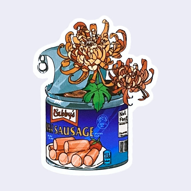 Die cut sticker of a can of Vienna Sausages with chrysanthemum flowers coming out the top like a vase.