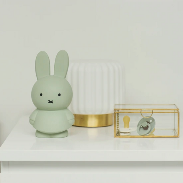 Miffy shaped coin bank, completely colored a grayish shade of green with gray eyes and mouth. She stands wearing a dress with her arms at her sides.