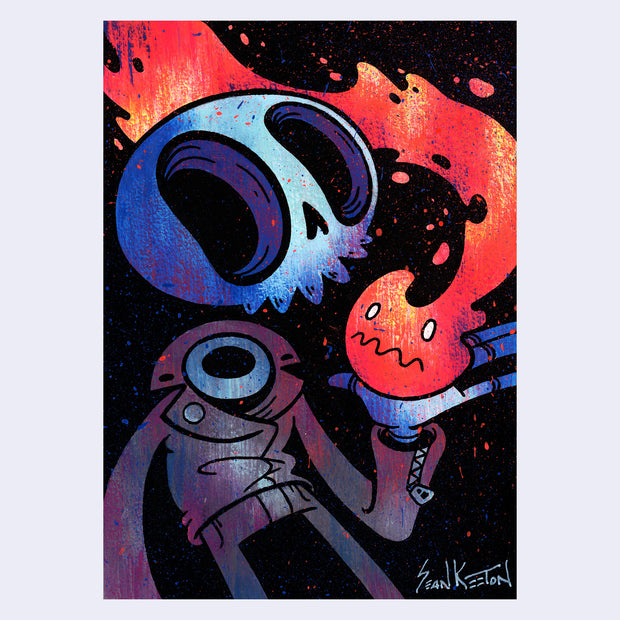 Painting of a skeleton wearing a leather jacket and pants, with a floating blue skull head. It extends out its hand and holds a ball of fire with a long tail and a nervous face.