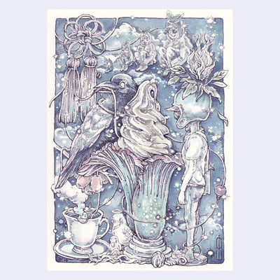 Blue and purple illustration of a soft serve swirl being served out of a large vase shaped plant. A person with a helmet looks on and a large bird as a tassel string in its mouth.