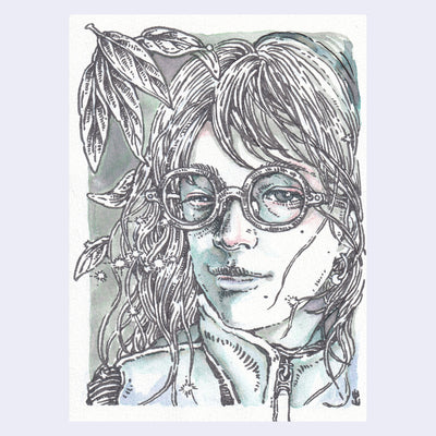 Illustration of a person close up, they wear glasses and have slightly messy hair.