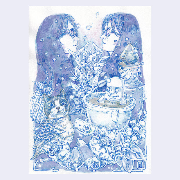 Blue ink illustration of 2 people, mirroring each other and also wearing the same outfit. In front of them is a creature in a bath and a cat bird.