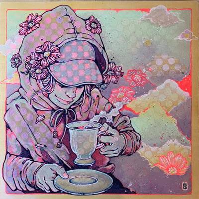 Painting on tan toned panel of a person holding up a steaming cup of coffee off of a saucer. She looks down at it and smiles, wearing a hooded jacket and a baseball cap. Background is an abstract cloudy sky.